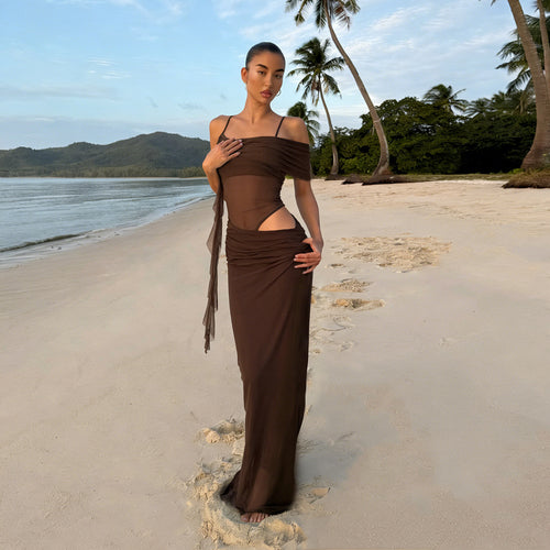 Damen elegantes Abendkleid mit raffinierten Rüschendetails und transparenten Einsätzen Echo Archiv