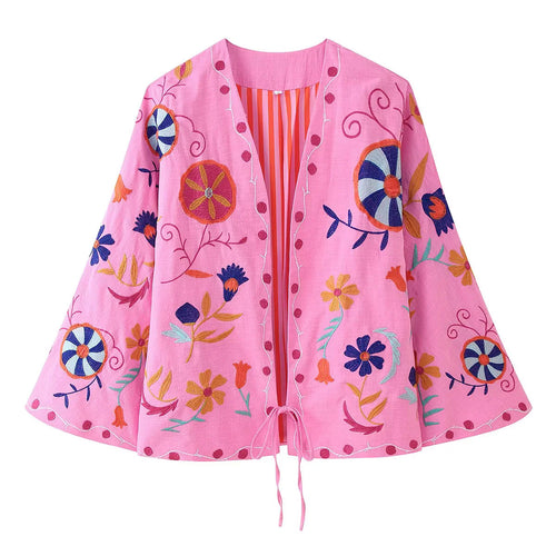 Damen nan leichte bestickte Baumwoll-Kimonojacke im Boho‑Stil mit Bindeband Echo Archiv