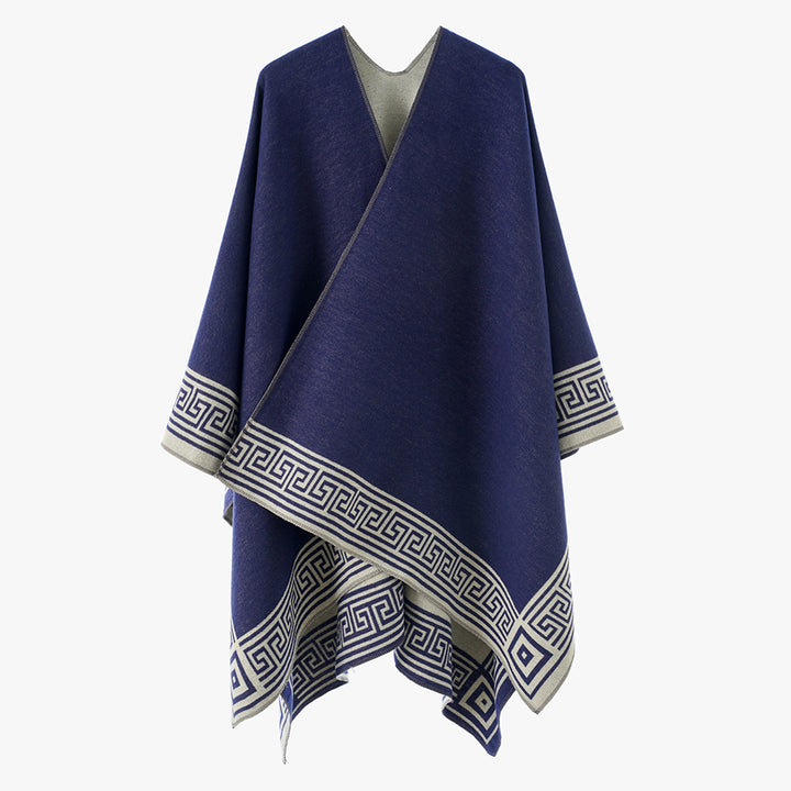 Damen Oversize-Capeponcho im Wickelstil mit Mäanderbordüre und kastiger Silhouette Echo Archiv