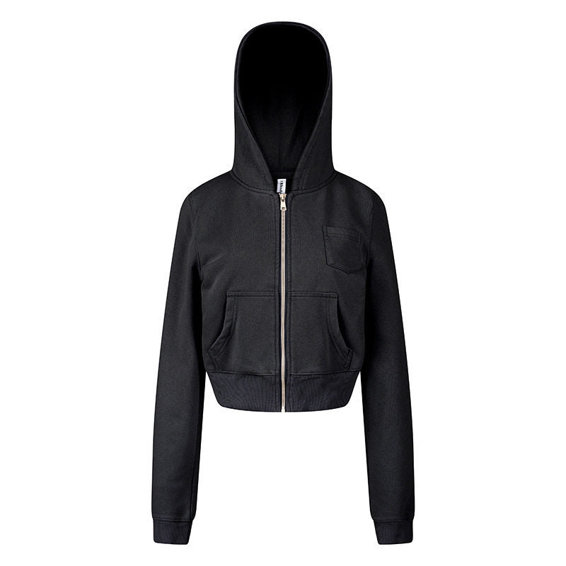 Damen Kurz geschnittene Kapuzen-Sweatjacke mit durchgehendem Reißverschluss im Boxy-Schnitt und Brusttasche Echoarchiv