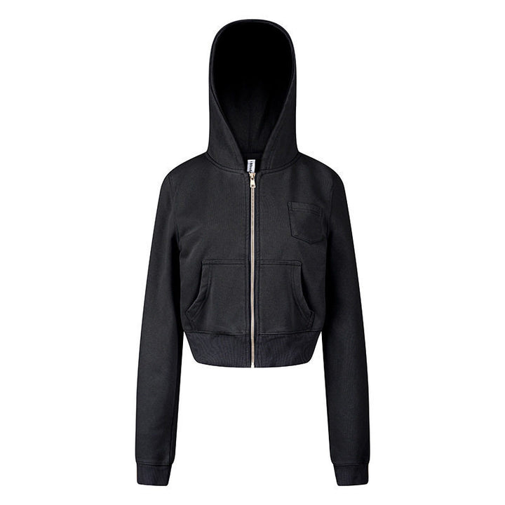 Damen Kurz geschnittene Kapuzen-Sweatjacke mit durchgehendem Reißverschluss im Boxy-Schnitt und Brusttasche Echoarchiv