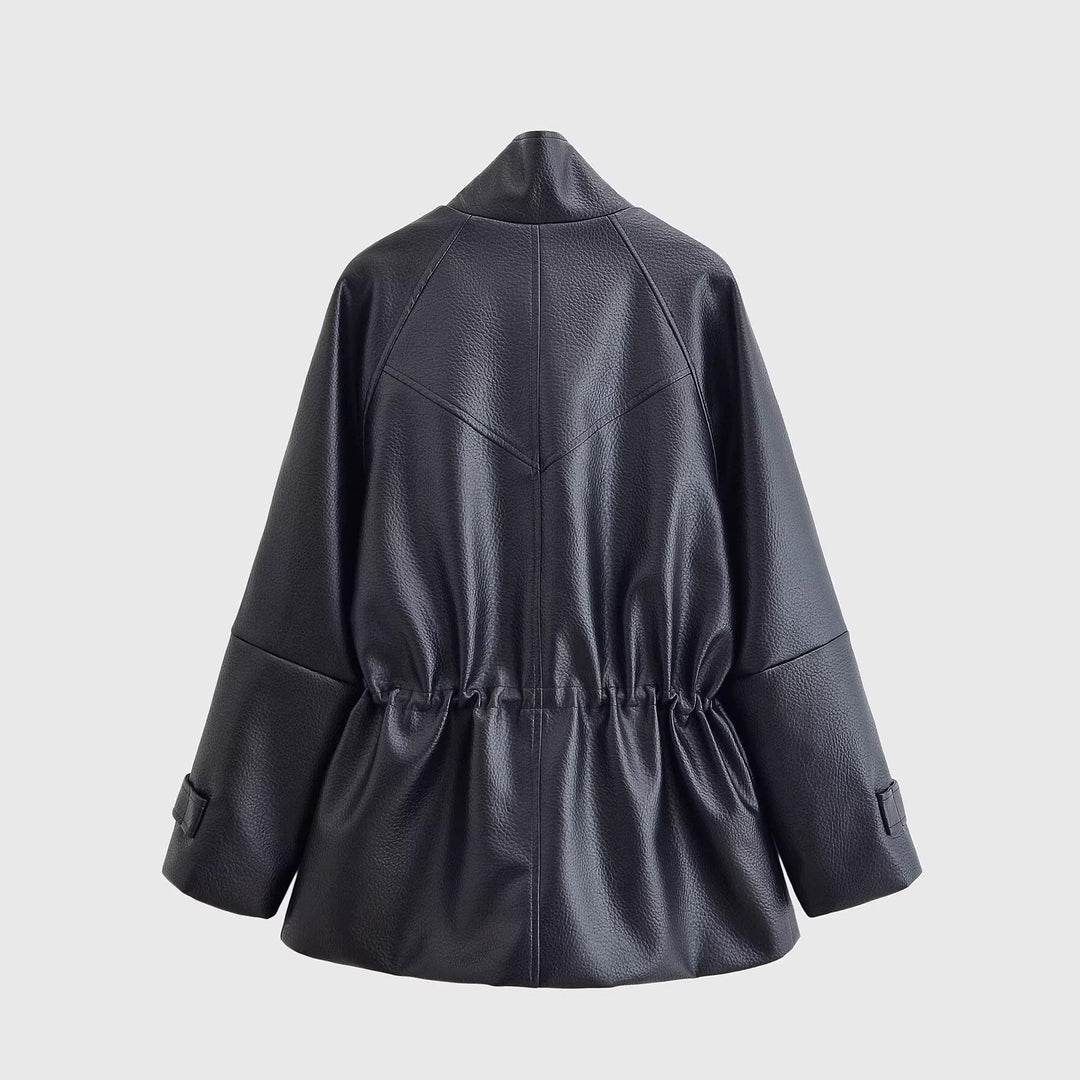 Damen Oversize-Kunstlederjacke mit Stehkragen, Taillen-Tunnelzug und aufgesetzten Taschen Echo Archiv