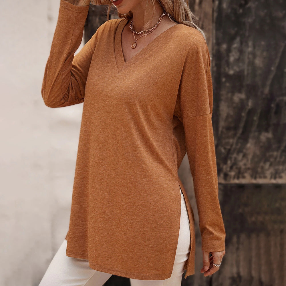 Damen lässige V-Neck Longsleeve-Tunika mit Seitenschlitzen und relaxed Fit – Avérine