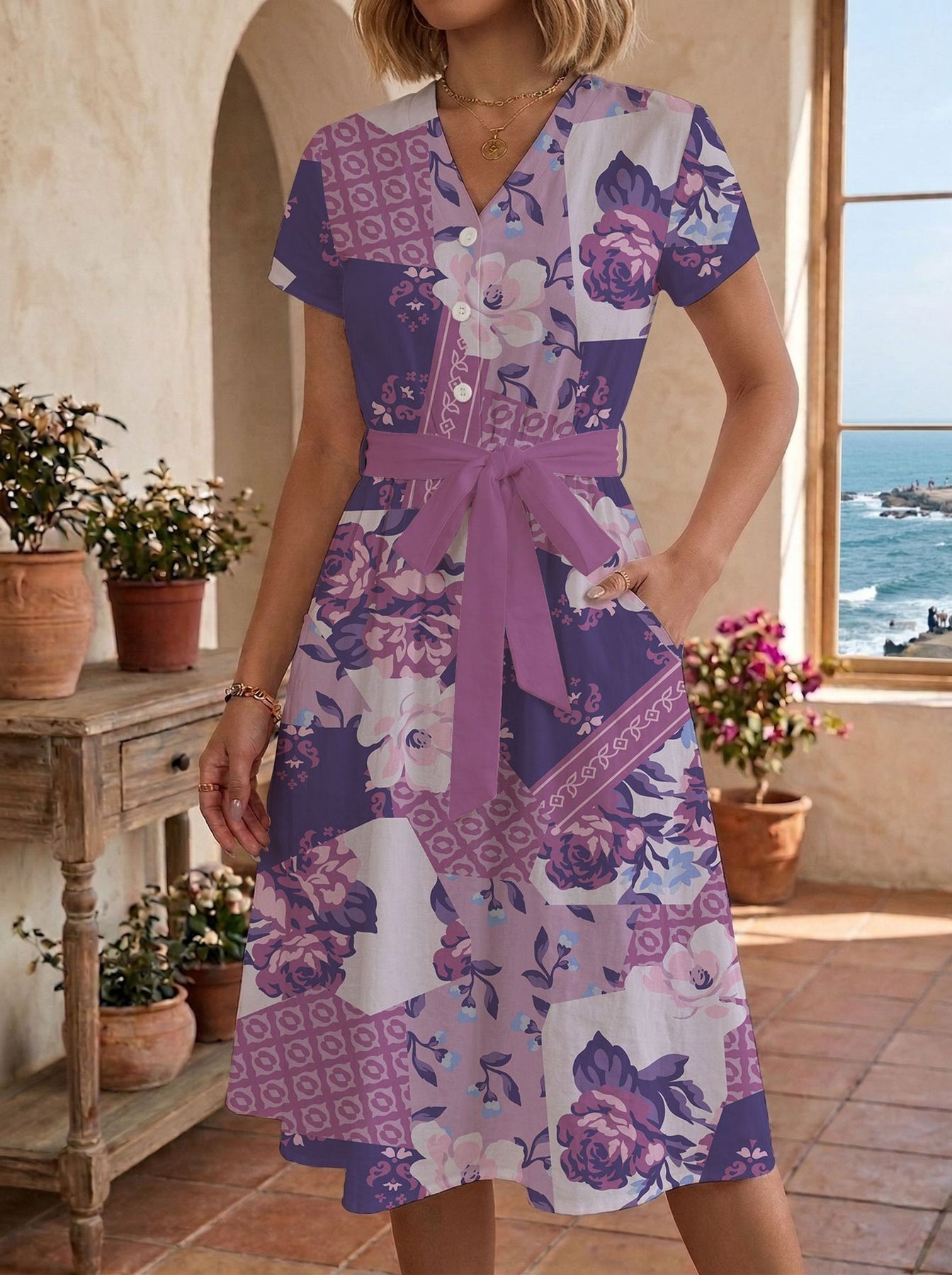 Damen Sommerliches Kleid mit taillierbarem Bindegürtel und floralem Muster Echo Archiv