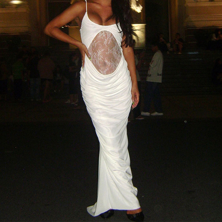 Damen Elegantes langes Kleid mit transparentem Spitzenbesatz und raffinierten Drapierungen Echo Archiv