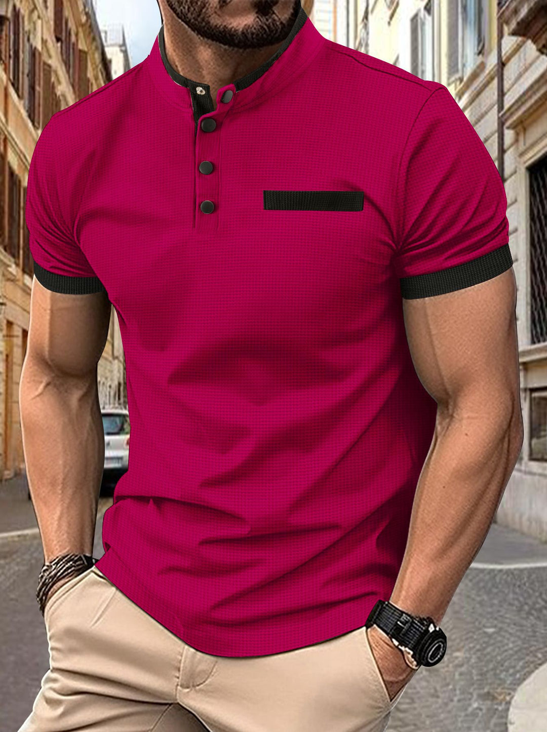Herren Kurzarm Hemd mit modernem Stehkragen und stilvollen Knopfdetails Echoarchiv