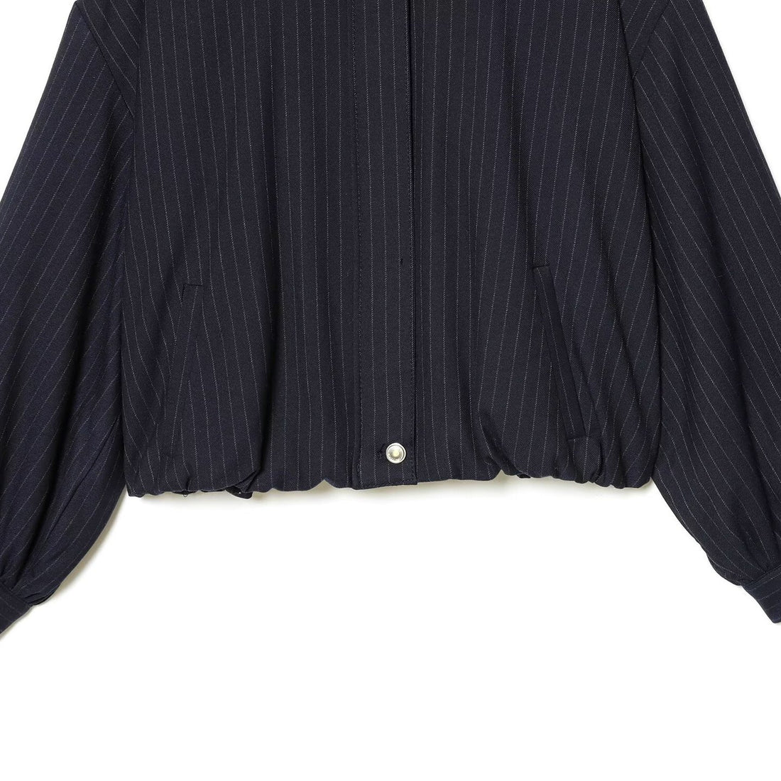 Damen Kurze Nadelstreifen-Blousonjacke mit Stehkragen, Ballonärmeln und elastischem Saum Echoarchiv