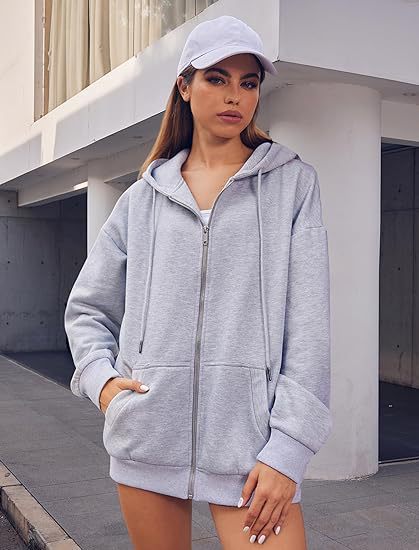 Damen nan oversized Zip-Kapuzenjacke mit kontrastierendem Reißverschluss, doppellagiger Kapuze und Kängurutasche Echo Archiv