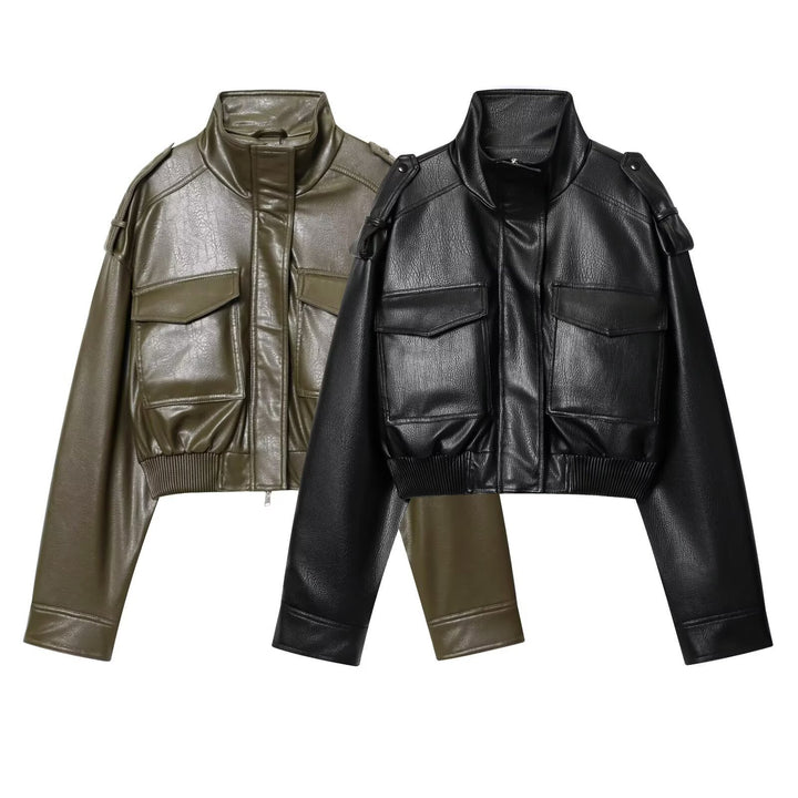Damen Kurz geschnittene Blousonjacke aus Veganleder mit Schulterklappen und Pattentaschen Echo Archiv