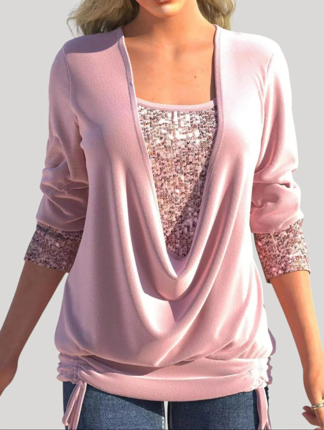Damen Modischer Drape-Pullover mit Glitzerakzenten – Mavelle