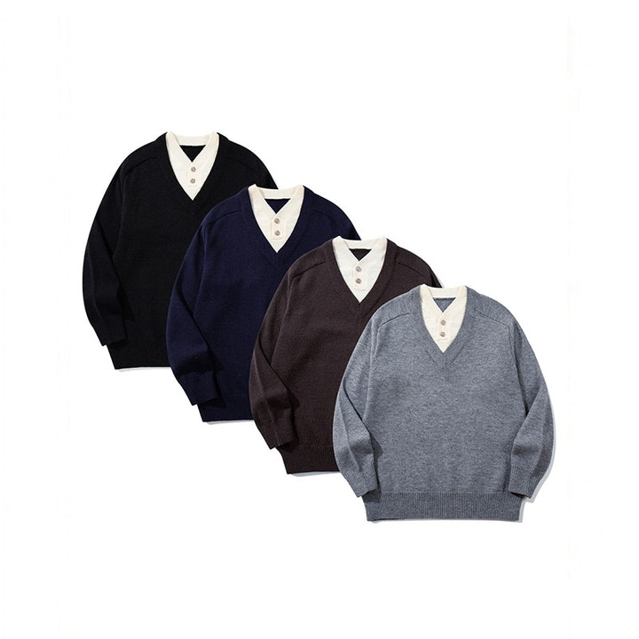 Herren Pullover mit tiefem V-Ausschnitt und eingearbeitetem Henley‑Kragen Echoarchiv