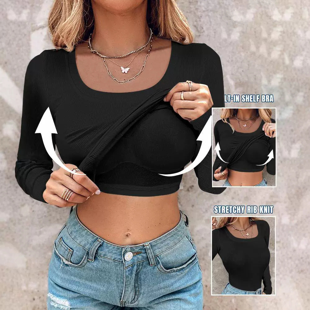 Damen Cropped Rippenstrick Langarmshirt mit integriertem Bustier Echoarchiv
