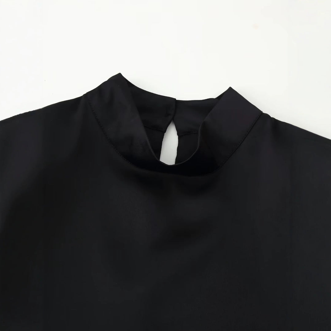 Damen Asymmetrisches Satin-Top mit Spitzenbesatz, Stehkragen und Glockenärmeln Echo Archiv