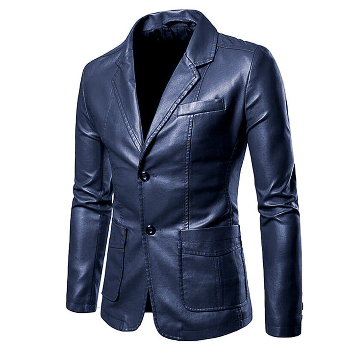 Herren Figurbetonter Lederoptik-Blazer mit Hemdkragen und Zwei-Knopf-Front – Tianoro
