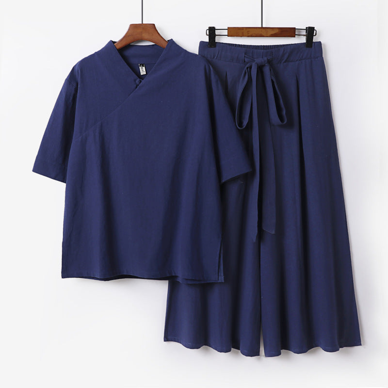 Damen Weites Kimono-Loungewear-Set mit V-Ausschnitt und Culotte-Hose Echoarchiv