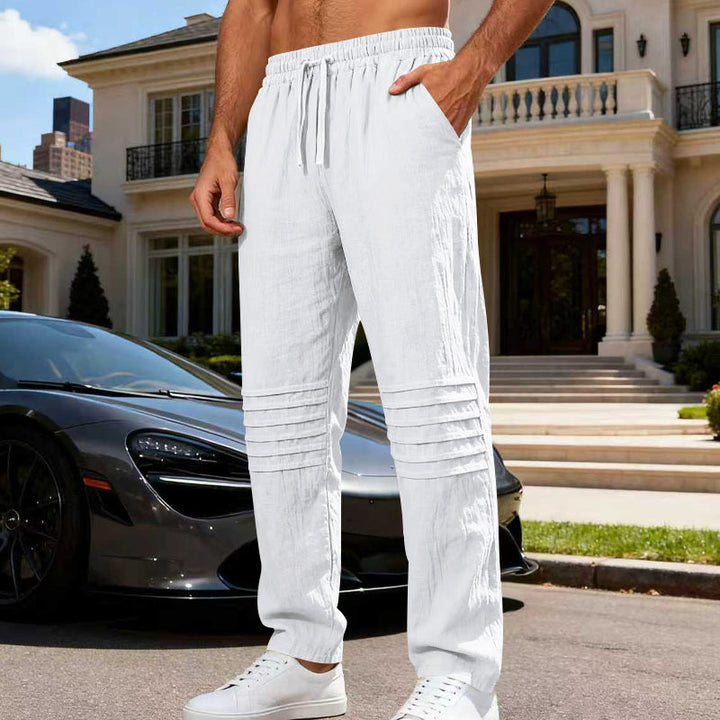 Herren Leinenoptik-Loungehose mit Tunnelzug elastischem Bund und abgesteppten Kniepanelen – Sorevano