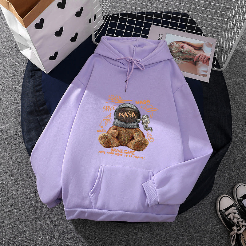 Damen lässiger Hoodie mit Astronauten‑Teddy‑Print, Kängurutasche und weichem Fleece-Innenfutter – Auréline
