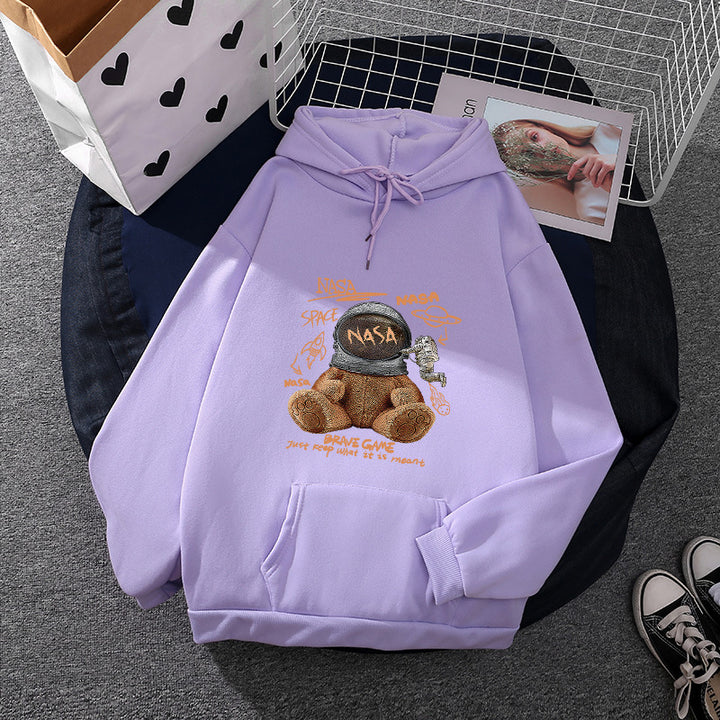 Damen lässiger Hoodie mit Astronauten‑Teddy‑Print, Kängurutasche und weichem Fleece-Innenfutter – Auréline