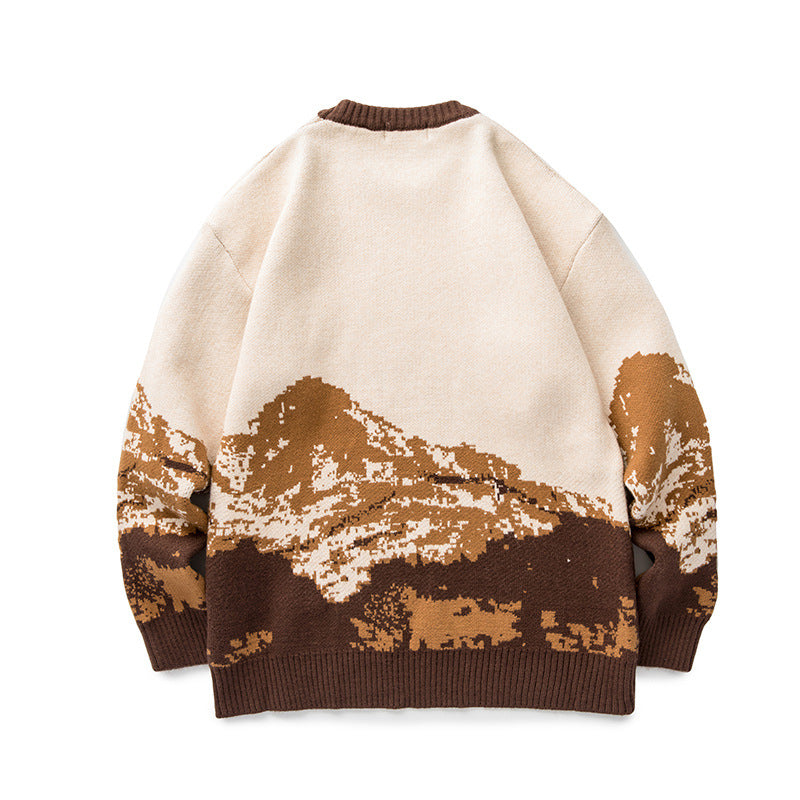 Unisex Oversize-Strickpullover mit Bergjacquard und geripptem Rundhalsausschnitt Echo Archiv
