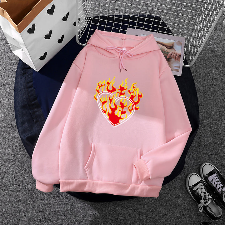 Damen leichter Oversize Kapuzenpullover mit Herz‑EKG‑Motiv, langen Kordeln und elastischem Bund – Auréline