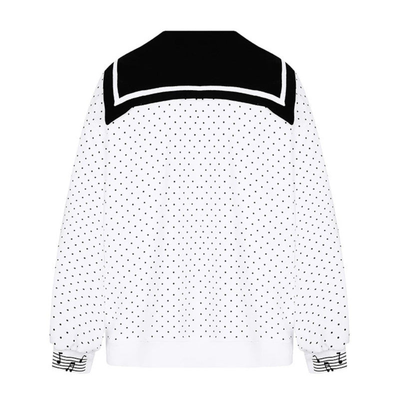 Damen Reißverschluss‑Sweatjacke im Matrosenstil mit Schleifenkragen, Polka‑Dot und Musikmotiv Echoarchiv