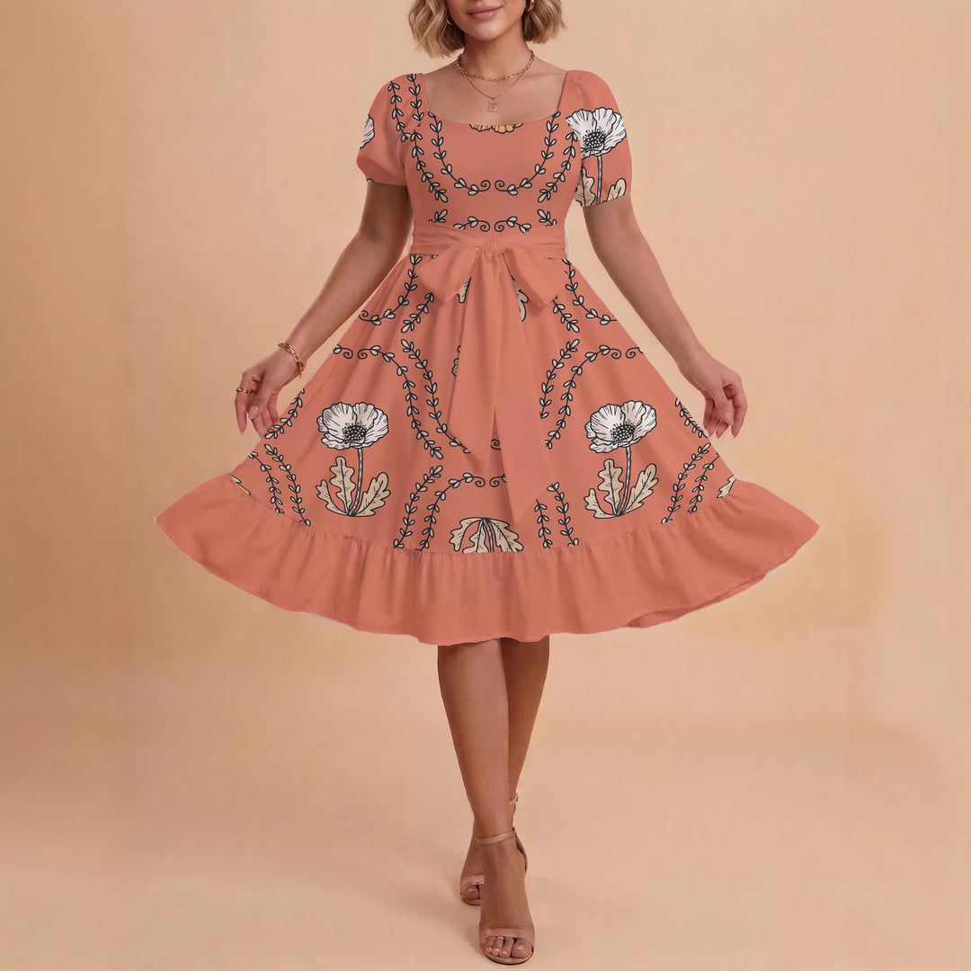Damen modernes Blumenkleid mit elegantem Taillengürtel und asymmetrischem Saum Echo Archiv