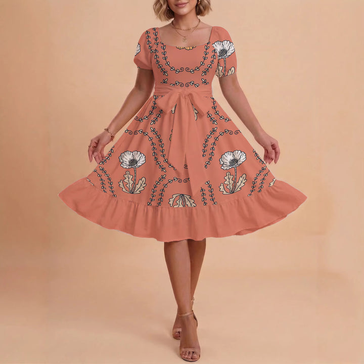Damen modernes Blumenkleid mit elegantem Taillengürtel und asymmetrischem Saum Echo Archiv