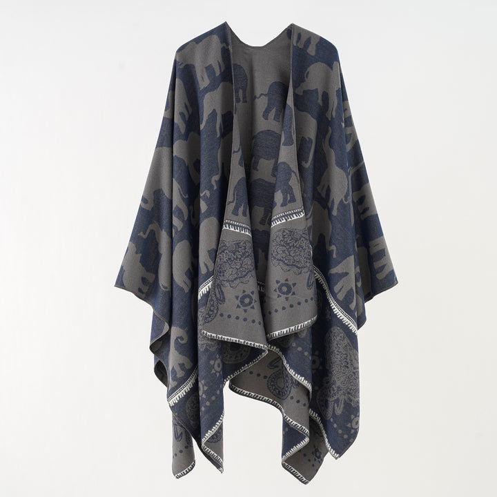 Damen Jacquard‑Ruana mit Elefantenmotiv und ornamentaler Bordüre – Avelisse