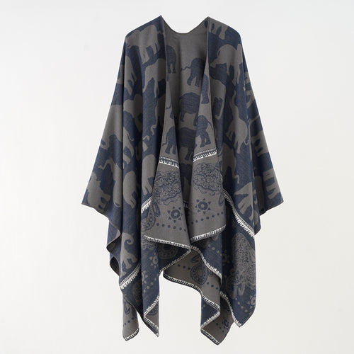Damen Jacquard‑Ruana mit Elefantenmotiv und ornamentaler Bordüre – Avelisse