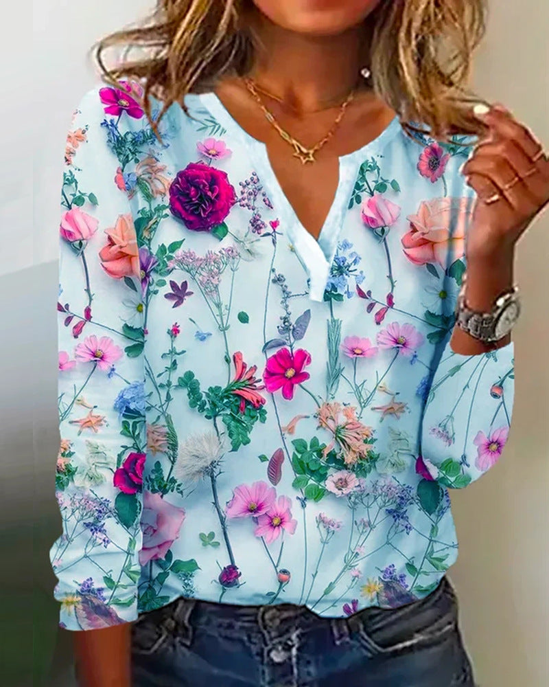 Damen Floral Lange Bluse im Chiffon-Look mit V-Schlitz und Lässiger Silhouette Echoarchiv