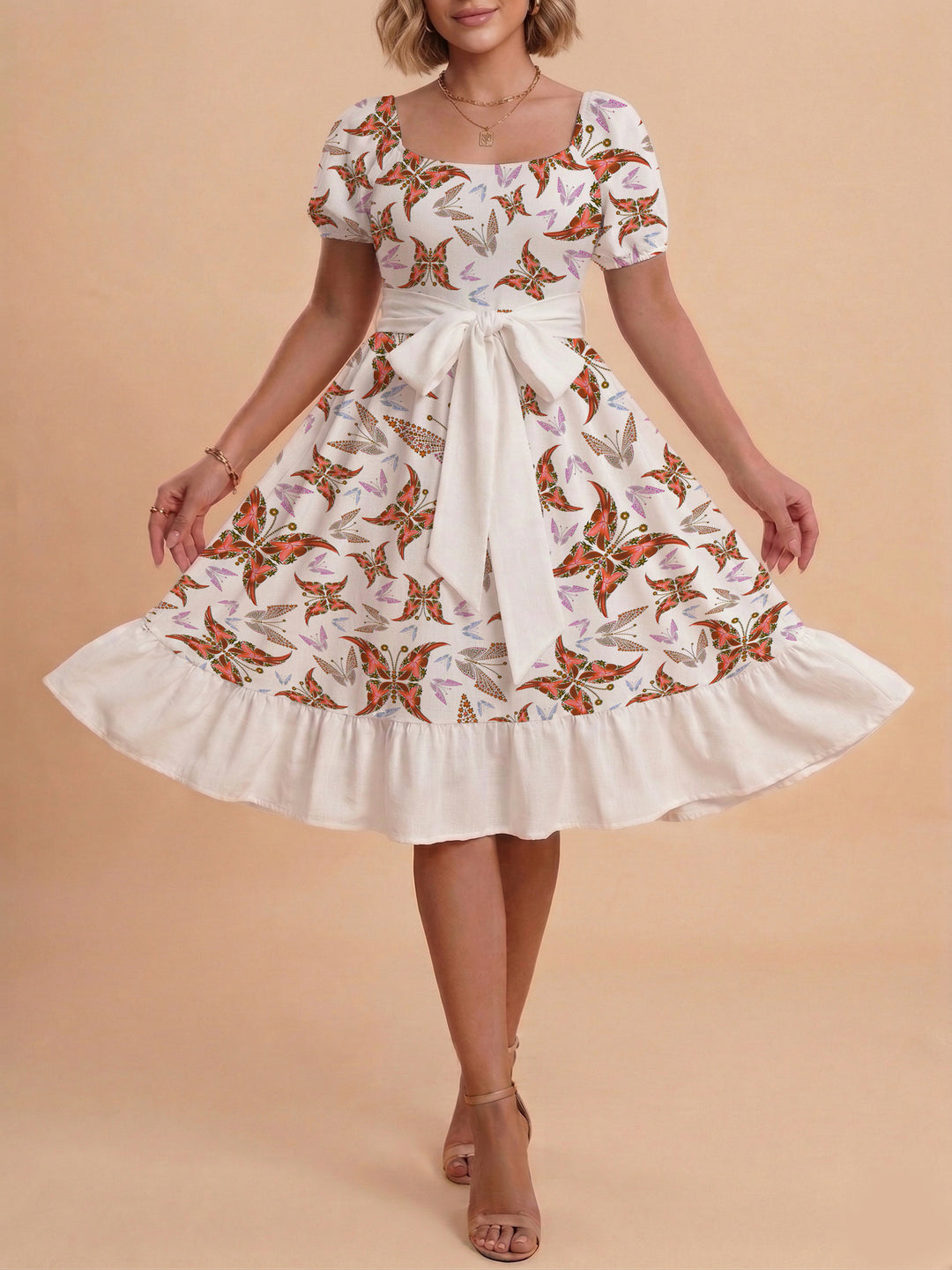 Damen modernes Blumenkleid mit elegantem Taillengürtel und asymmetrischem Saum Echo Archiv