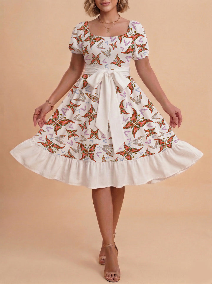 Damen modernes Blumenkleid mit elegantem Taillengürtel und asymmetrischem Saum Echo Archiv