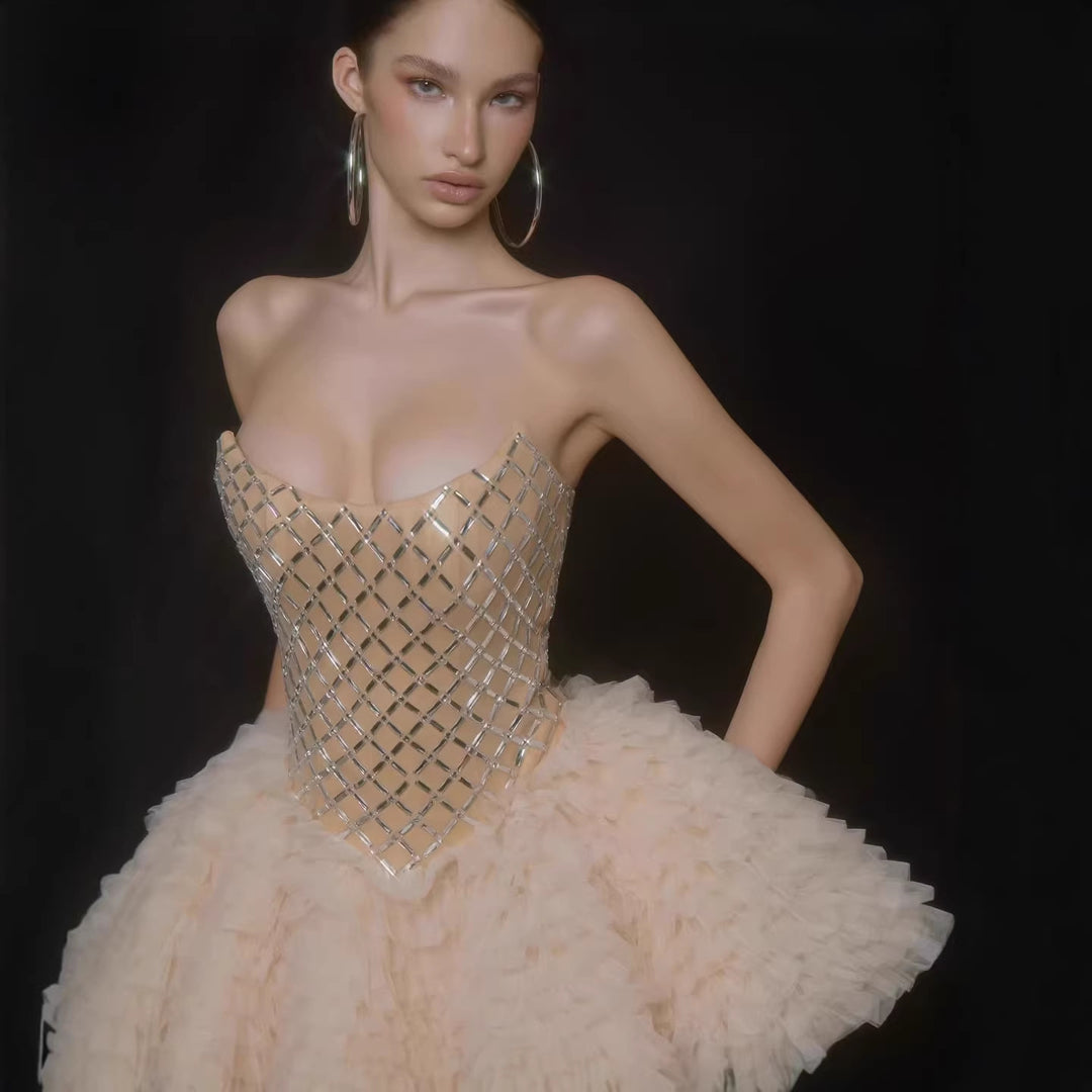 Damen Glamouröses Tüll-Cocktailkleid mit schimmerndem Oberteil Echo Archiv