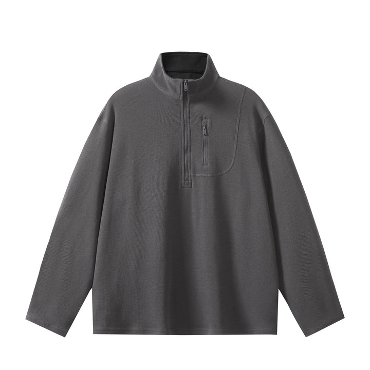Unisex Leichter Waffelstrick-Halbzip-Pullover mit Stehkragen und Brustzippertasche Echoarchiv