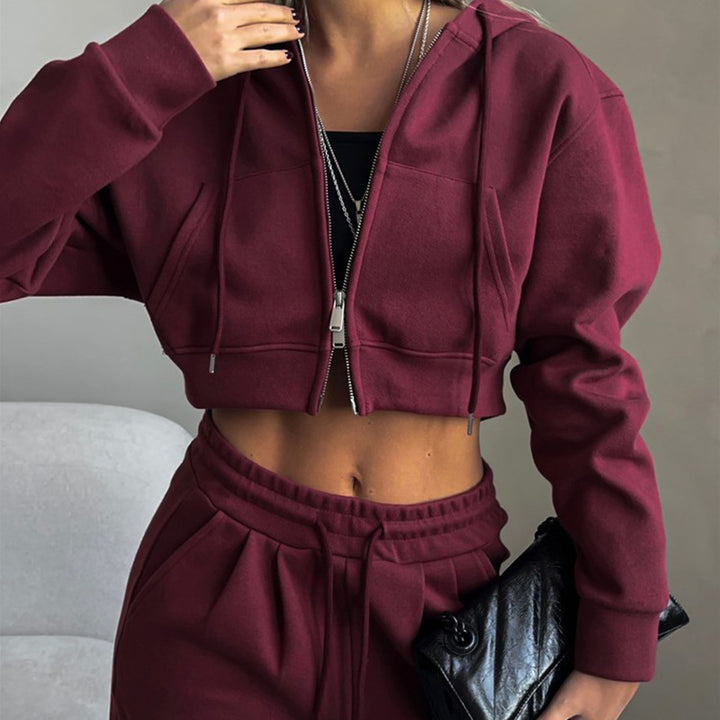 Damen cropped Reißverschluss-Kapuzenpullover mit hohem Bund Palazzo-Jogger Set – Auréline