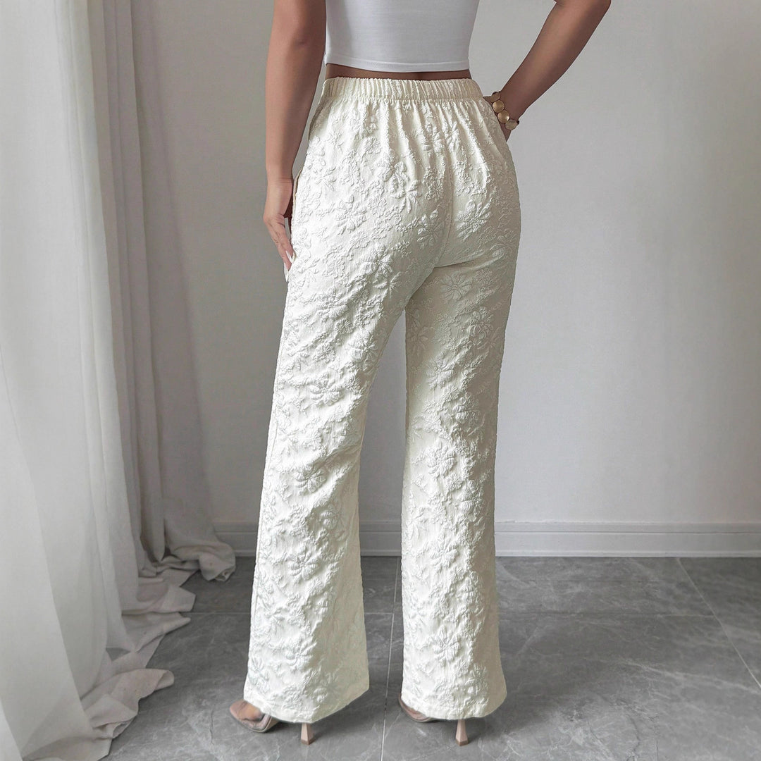Damen hochgeschnittene Jacquard-Hose mit floralem Stickmuster, weitem Beinschnitt und Eingrifftaschen – Avérine