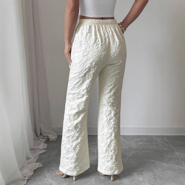 Damen hochgeschnittene Jacquard-Hose mit floralem Stickmuster, weitem Beinschnitt und Eingrifftaschen – Avérine