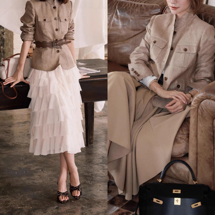 Damen Elegante Leinenjacke mit Taillengürtel Echoarchiv