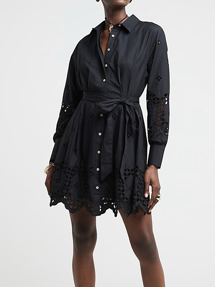 Damen Hemdblusenkleid mit Lochstickerei und Taillengürtel – Avérine