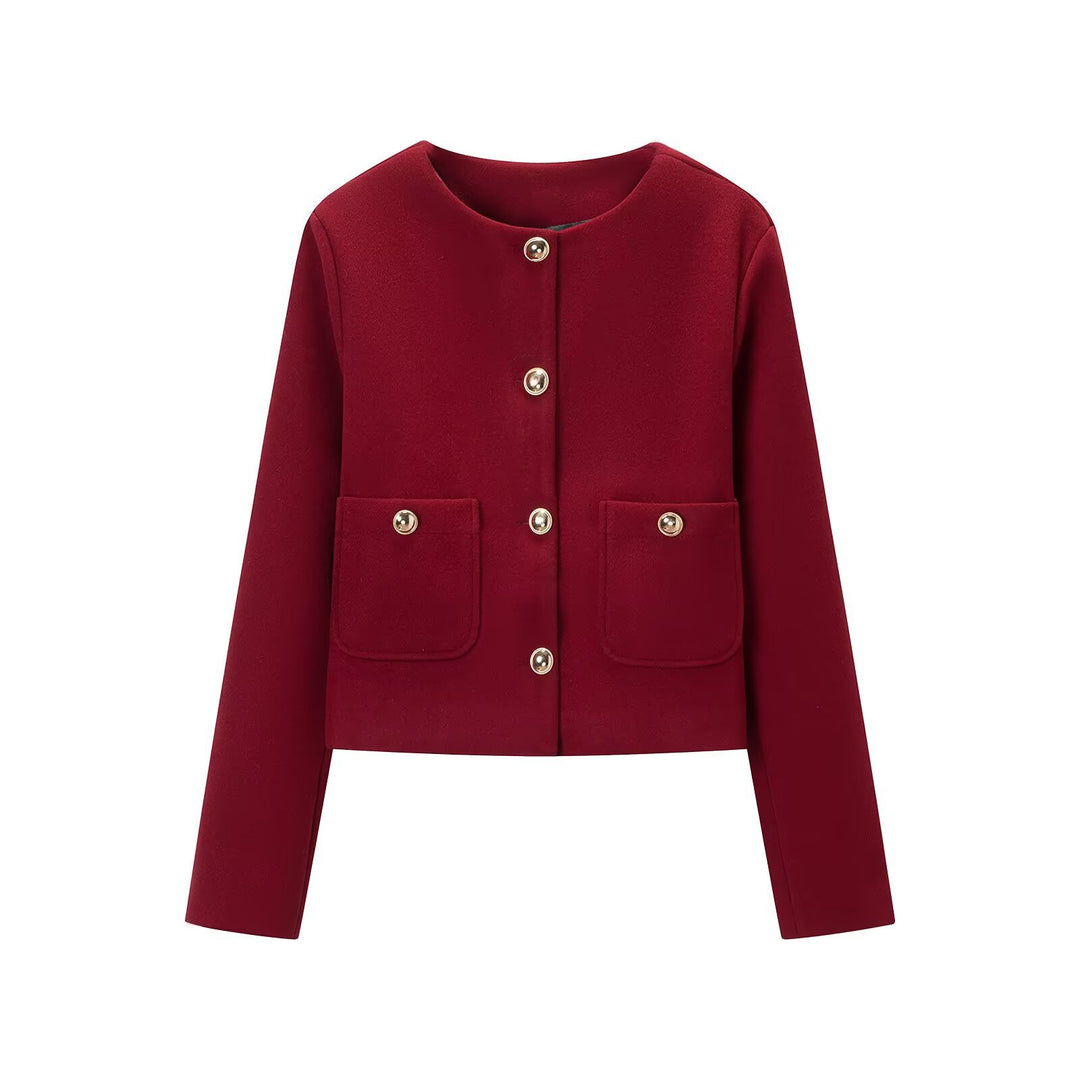 Damen Cropped Wollmix-Jacke mit Rundhalsausschnitt, aufgesetzten Taschen und goldfarbenen Zierknöpfen Echoarchiv