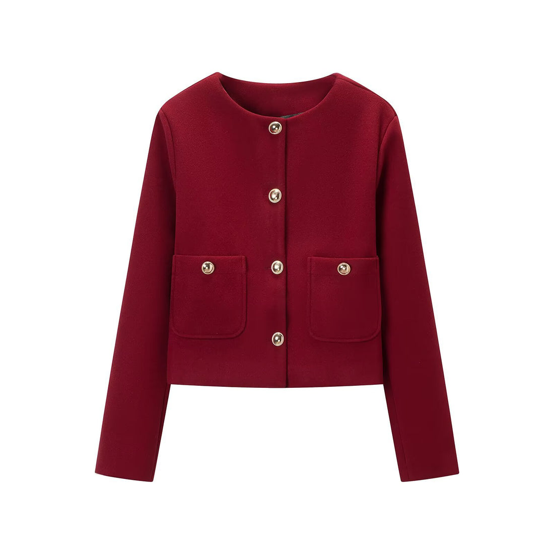 Damen Cropped Wollmix-Jacke mit Rundhalsausschnitt, aufgesetzten Taschen und goldfarbenen Zierknöpfen Echoarchiv
