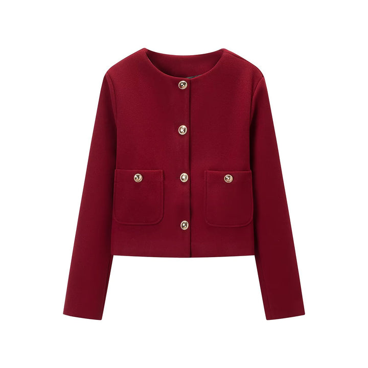Damen Cropped Wollmix-Jacke mit Rundhalsausschnitt, aufgesetzten Taschen und goldfarbenen Zierknöpfen Echoarchiv