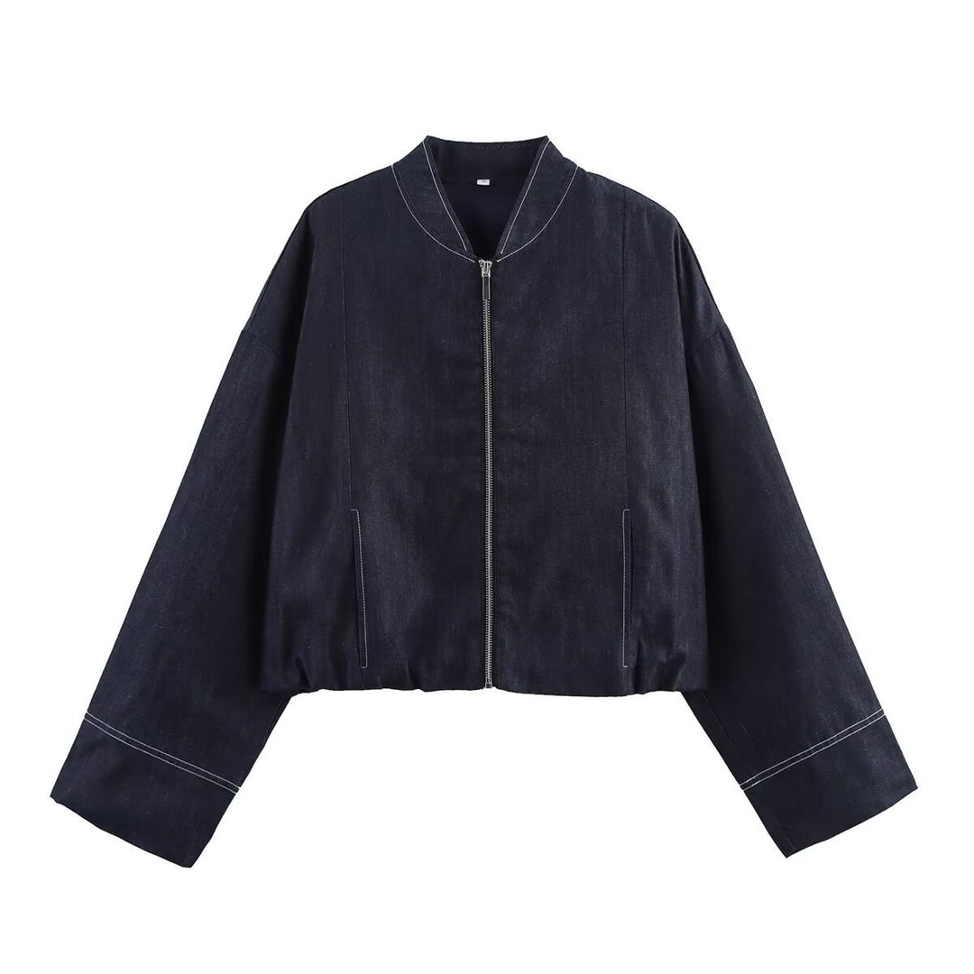 Damen Cropped Denim-Bomberjacke mit überschnittenen Ärmeln und Kontrastnaht Echo Archiv