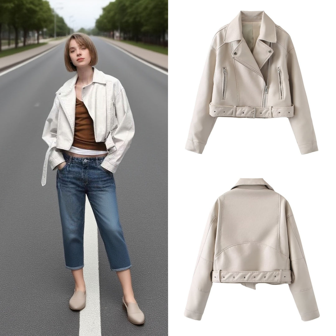 Damen Kurzjacke im Bikerstil aus soften Kunstleder mit Taillenriegel Echo Archiv