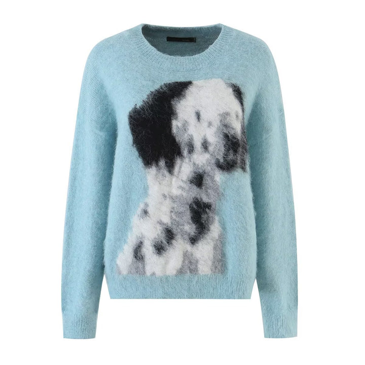 Damen Mohair-Mix Rundhalspullover mit abstraktem Hundemotiv Echo Archiv