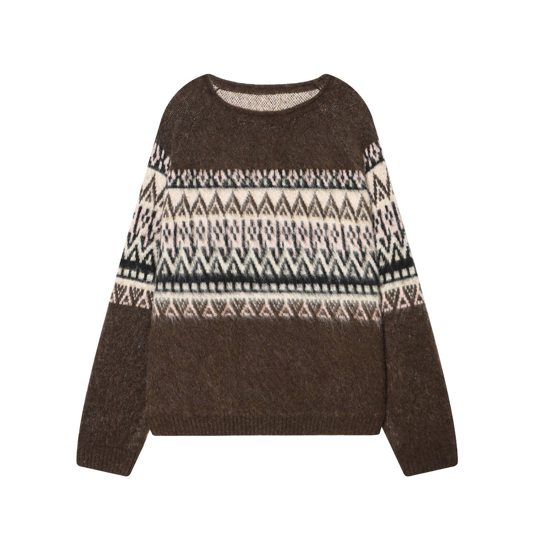 Damen Norwegerpullover aus Mohairmix mit Rundhalsausschnitt, lockerem Schnitt und Jacquardmuster – Mavelle