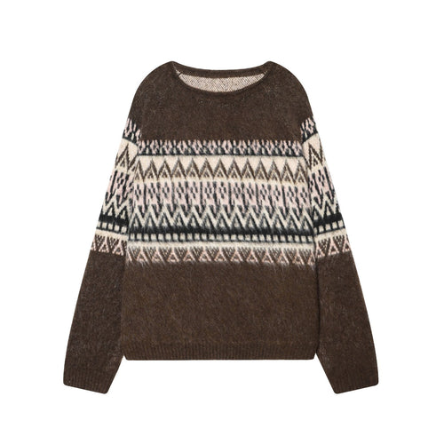 Damen Norwegerpullover aus Mohairmix mit Rundhalsausschnitt, lockerem Schnitt und Jacquardmuster – Mavelle