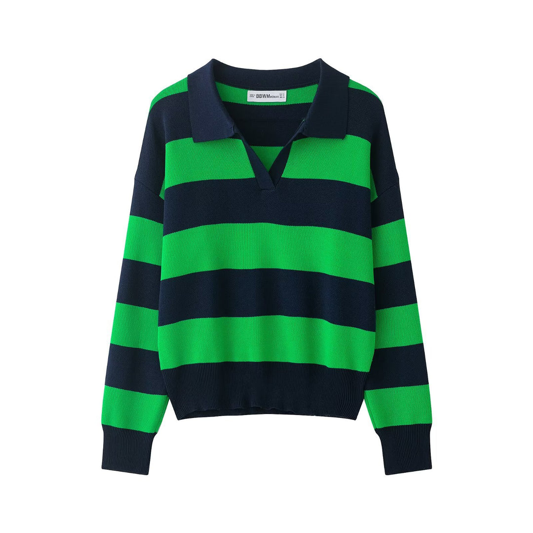 Damen Gestreifter Rugby-Polo-Pullover mit V-Notch und Cropped-Saum Echo Archiv
