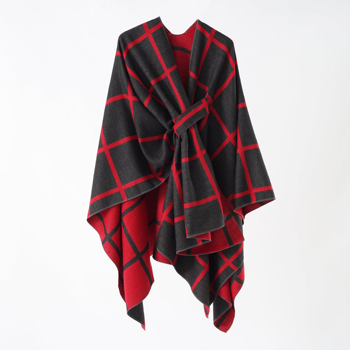 Damen Oversize Wollmix Poncho mit Gürtel und Karomuster Echo Archiv