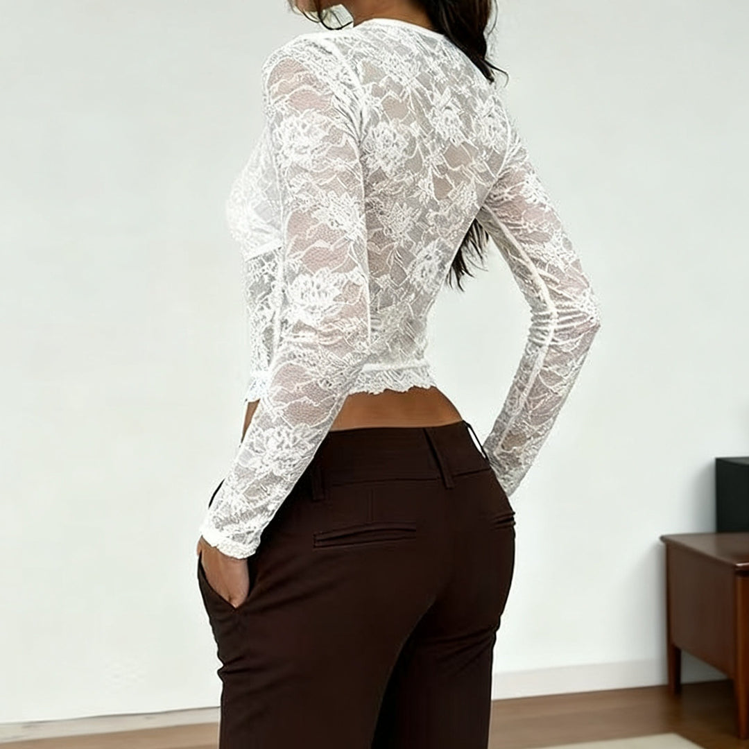 Damen Elegantes Spitzenoberteil mit tiefem V-Ausschnitt und langen Ärmeln Echo Archiv